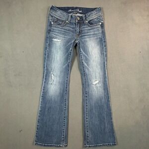 American Eagle Jeans Womens Size 2 Original Boot Stretch Distressed Med Wash AEO